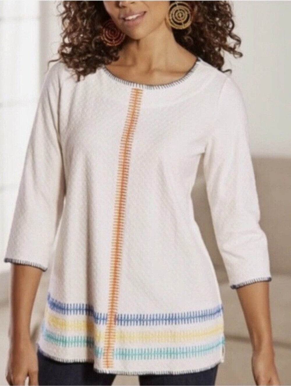 Soft Surroundings CreamStitch-Trim Tunic Top with Multicolor Accents Size 1X
